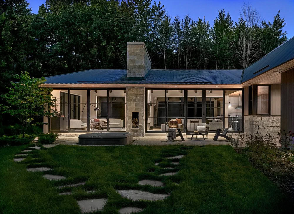 modern home exterior at dusk