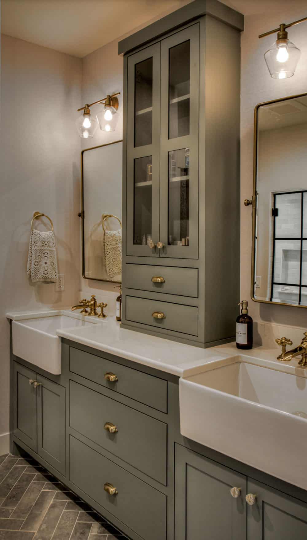 farmhouse style bathroom with dual sinks