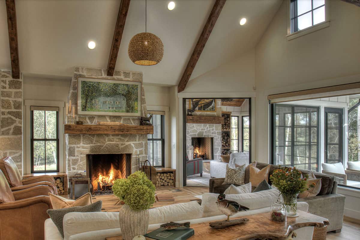 farmhouse style living room with a fireplace