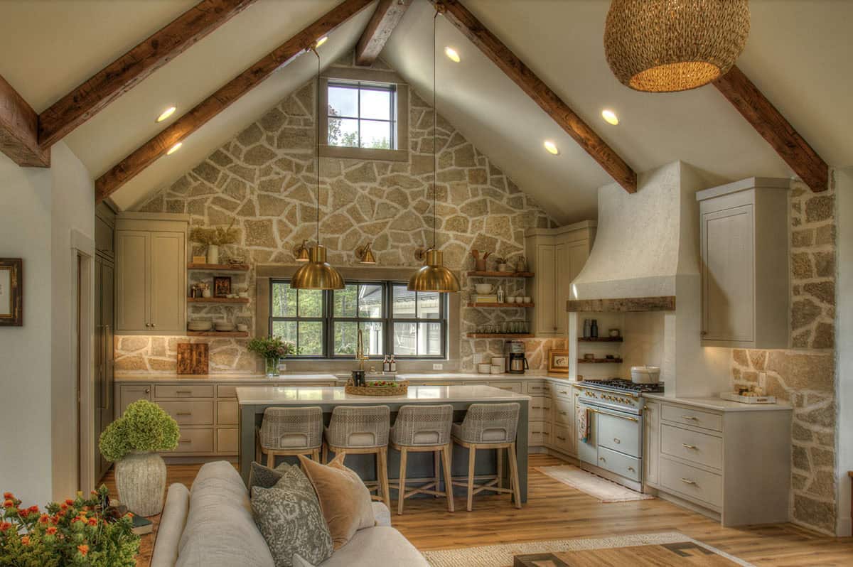 farmhouse style kitchen with a vaulted ceiling