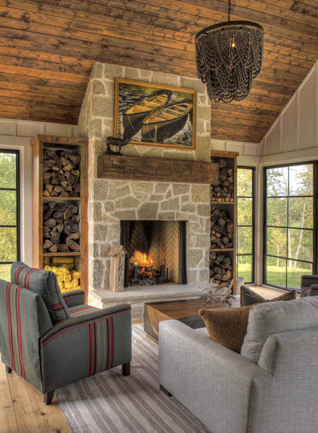 farmhouse style sunroom with a fireplace
