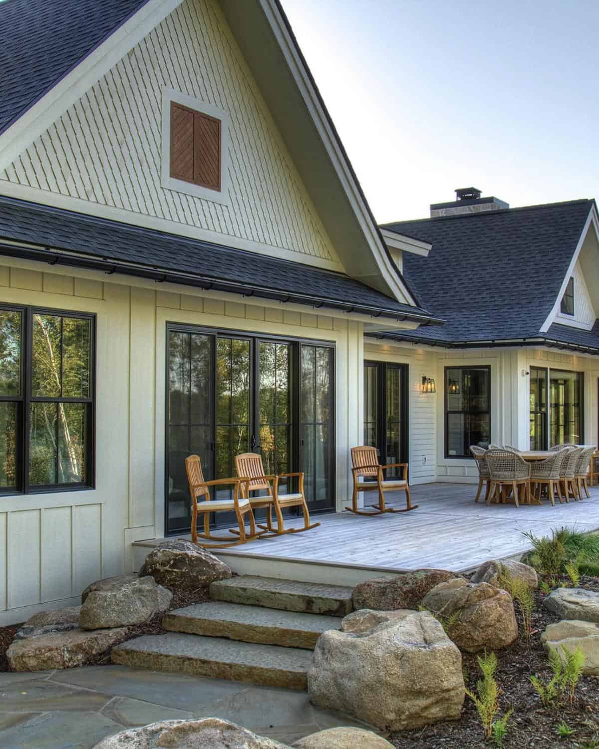 farmhouse home exterior with a patio backyard view