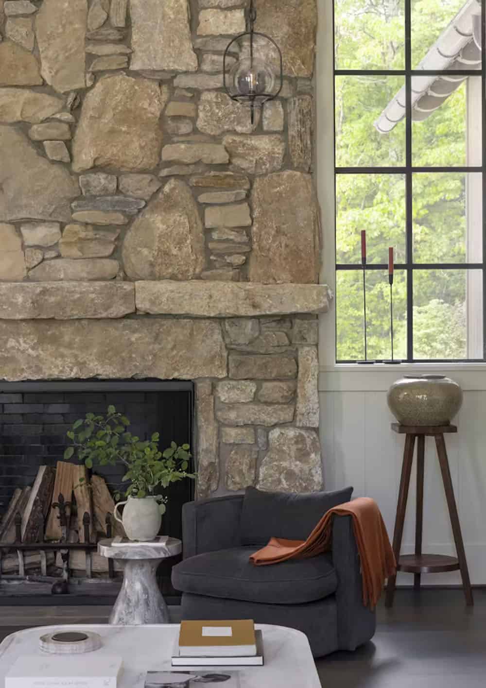 modern rustic living room with a fireplace