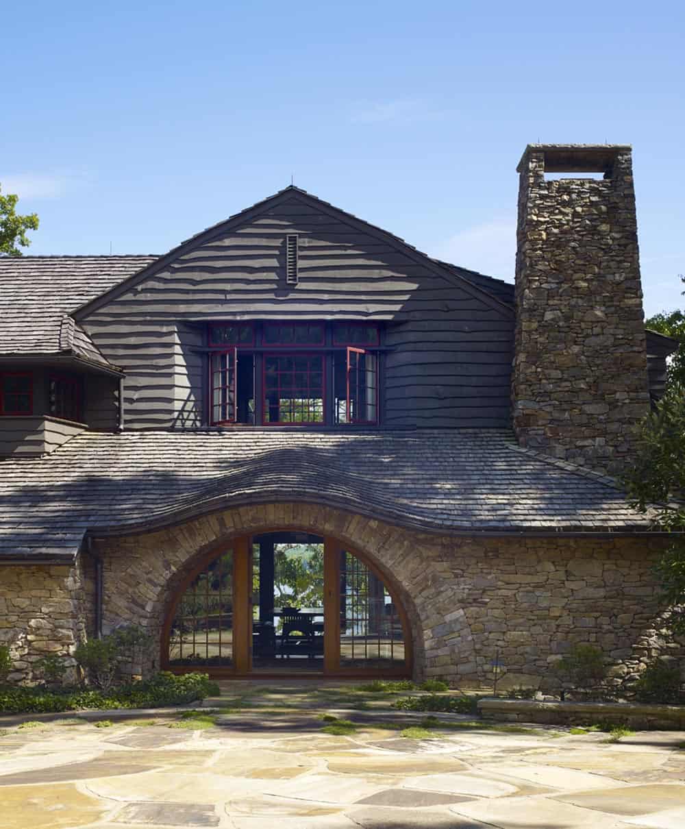 rustic craftsman-style lake house exterior