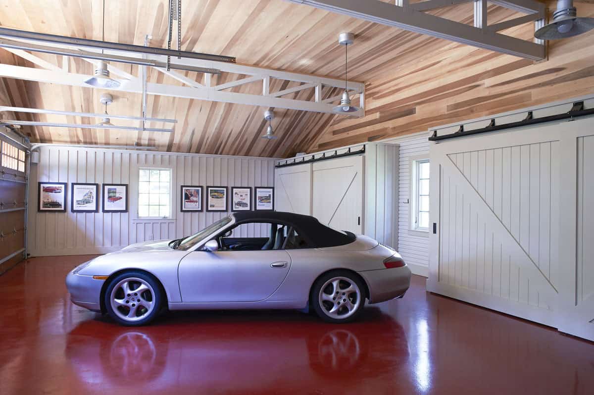 rustic garage with a porche