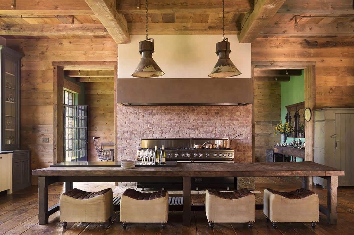 rustic kitchen with large pendant lights