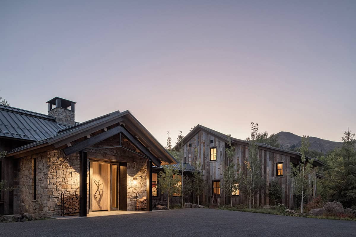 ranch house exterior at dusk