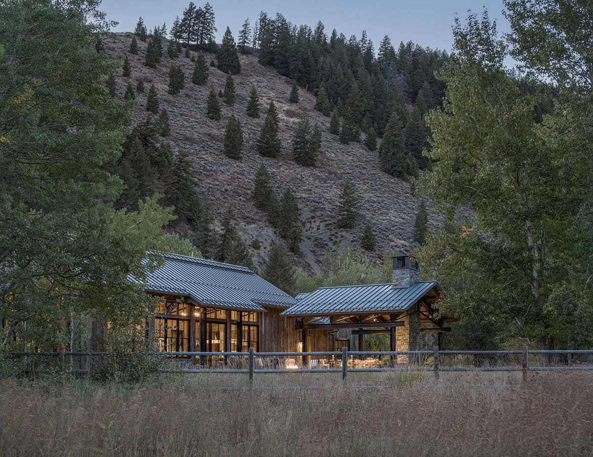 ranch house exterior at dusk