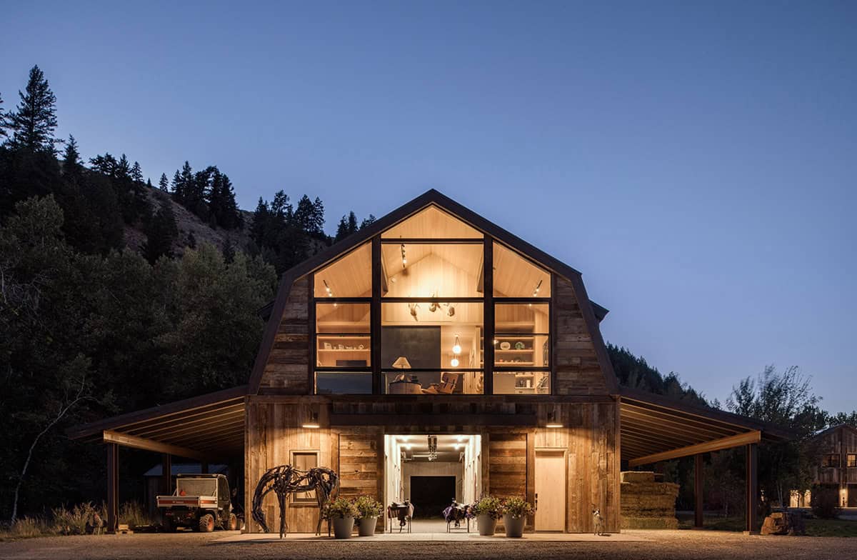 ranch house exterior at dusk