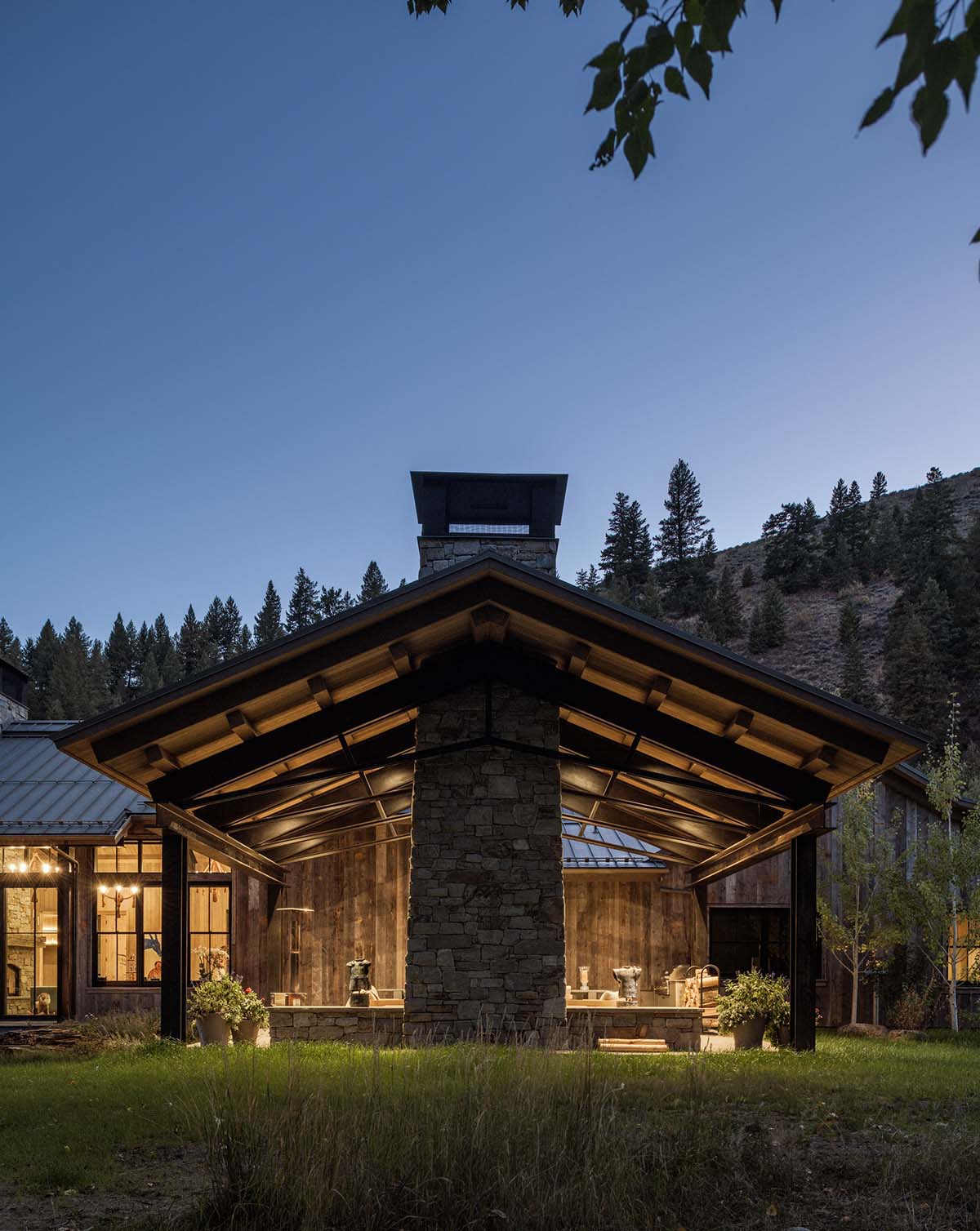 ranch house exterior at dusk