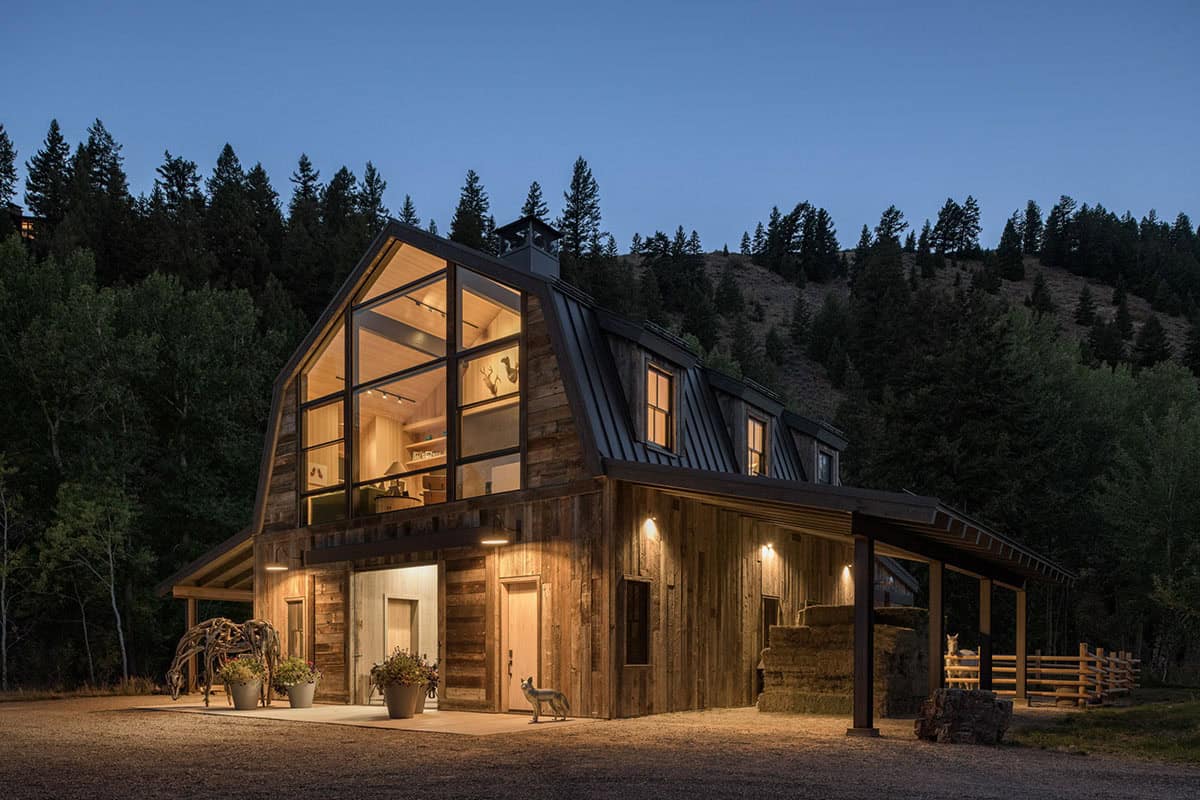 ranch house exterior at dusk