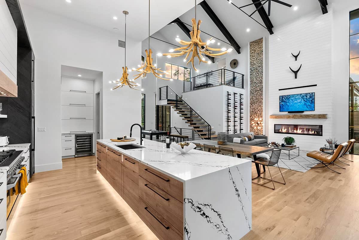 scandinavian modern kitchen looking into the living room