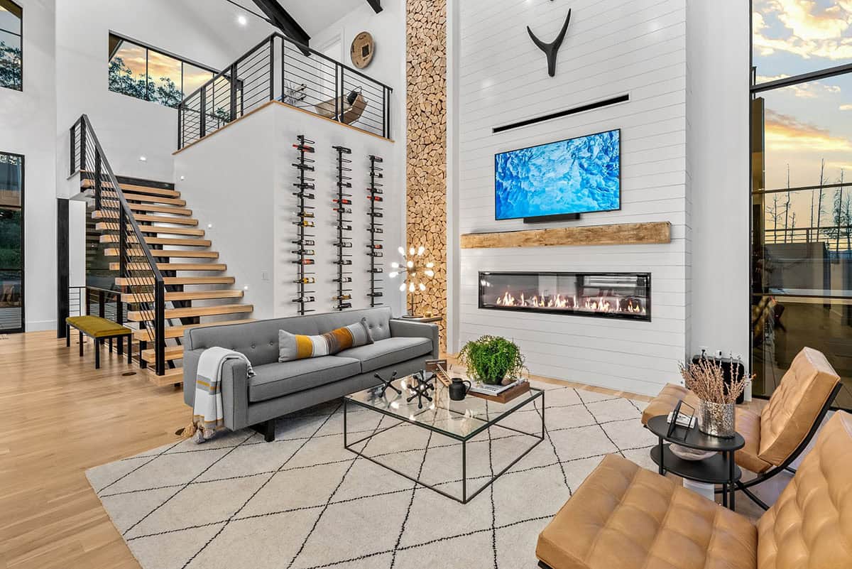 scandinavian modern living room with a fireplace