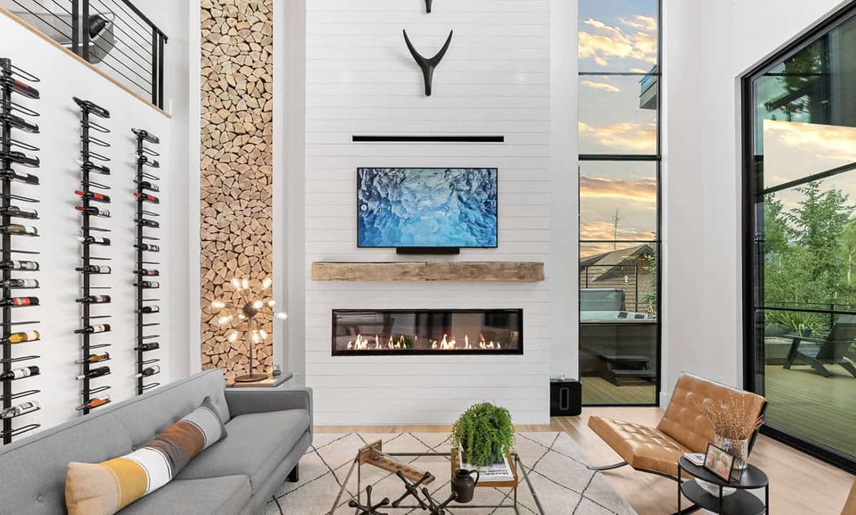 scandinavian modern living room with a fireplace