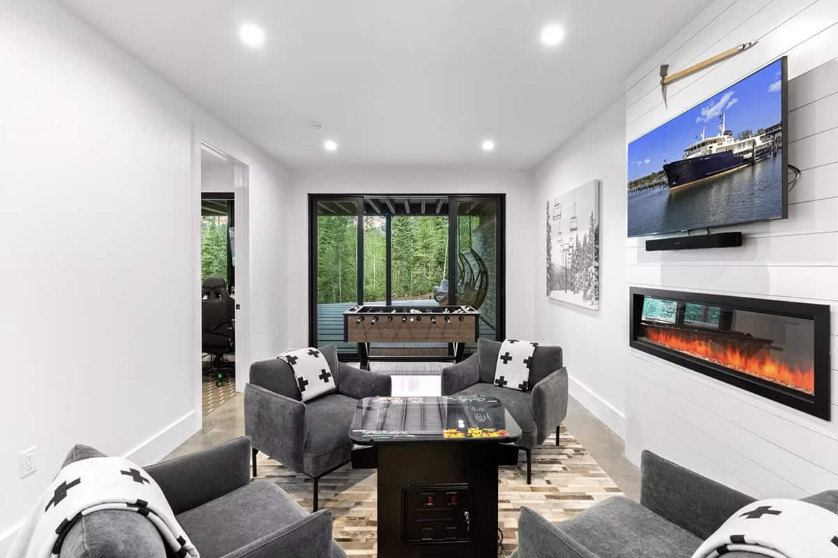 scandinavian modern family room with a fireplace