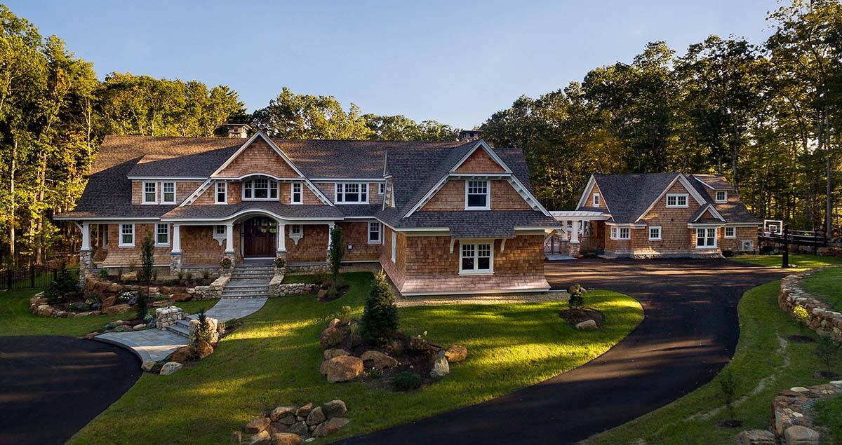 shingle style new england home front exterior aerial view