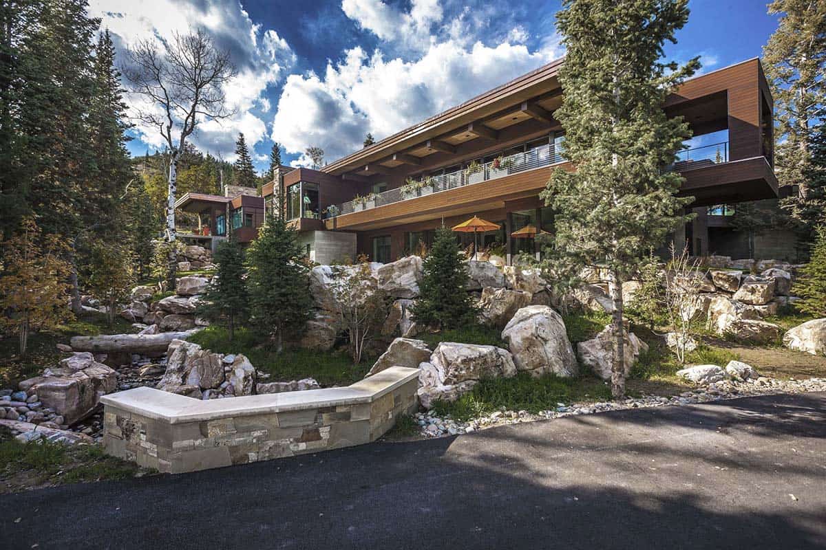 contemporary home exterior with a long driveway