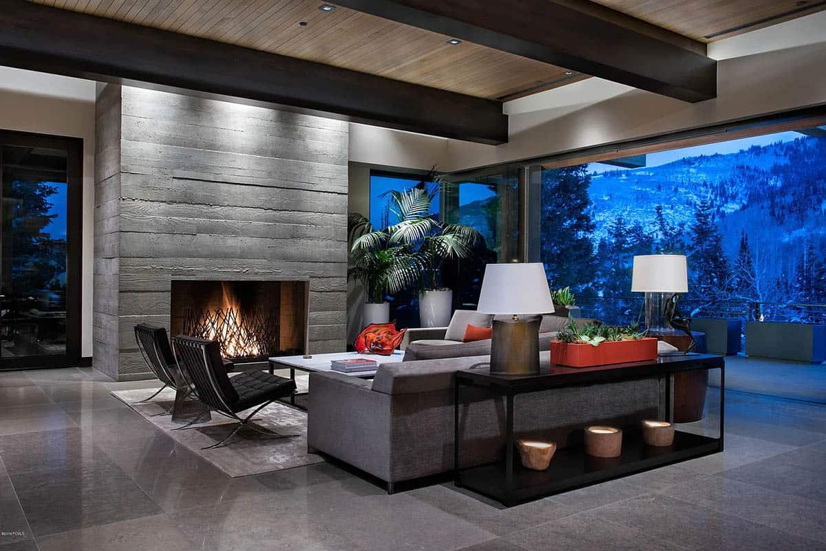 contemporary living room with a fireplace