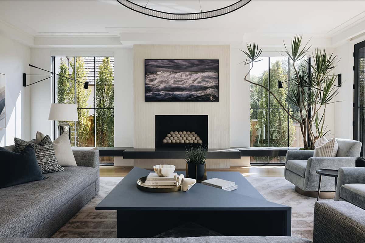 Transitional Style Family Room with a fireplace