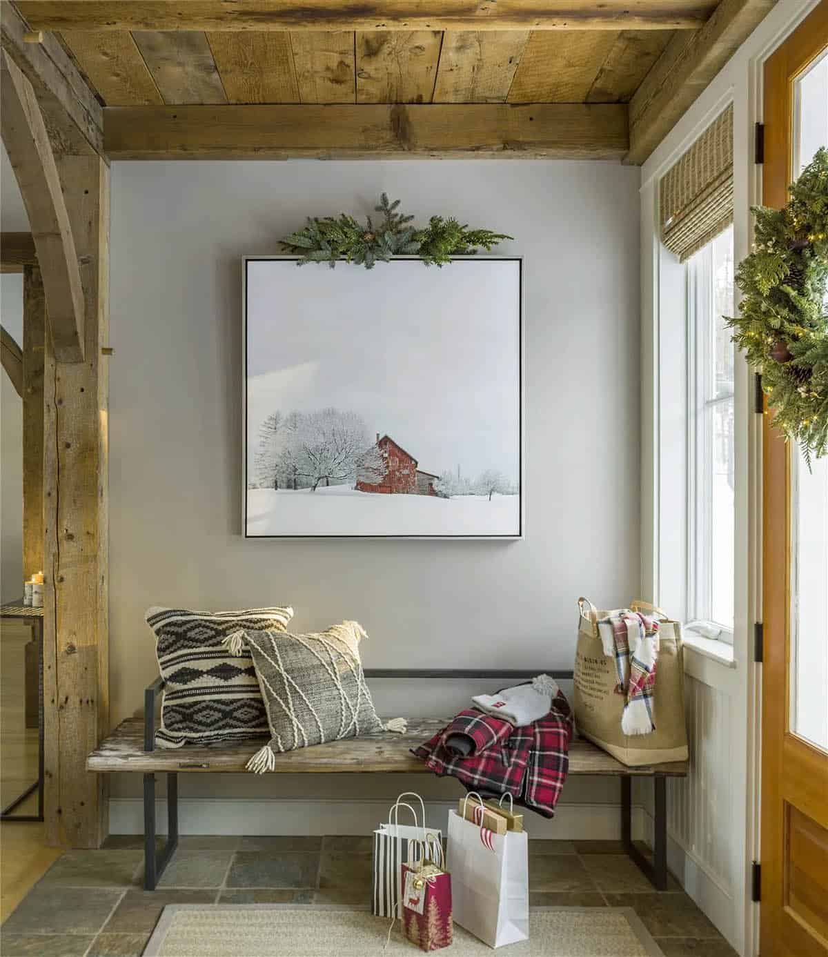 farmhouse style entry with a bench