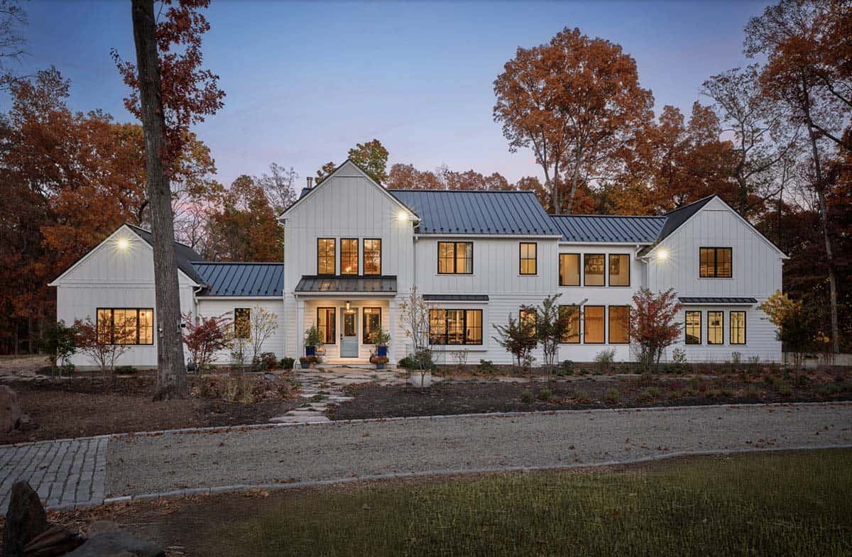 farmhouse style home exterior at dusk