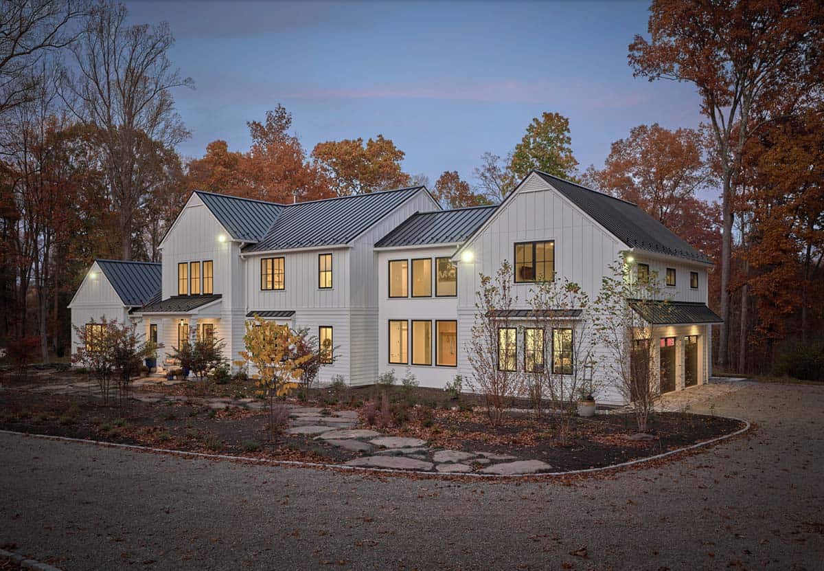 farmhouse style home exterior at dusk