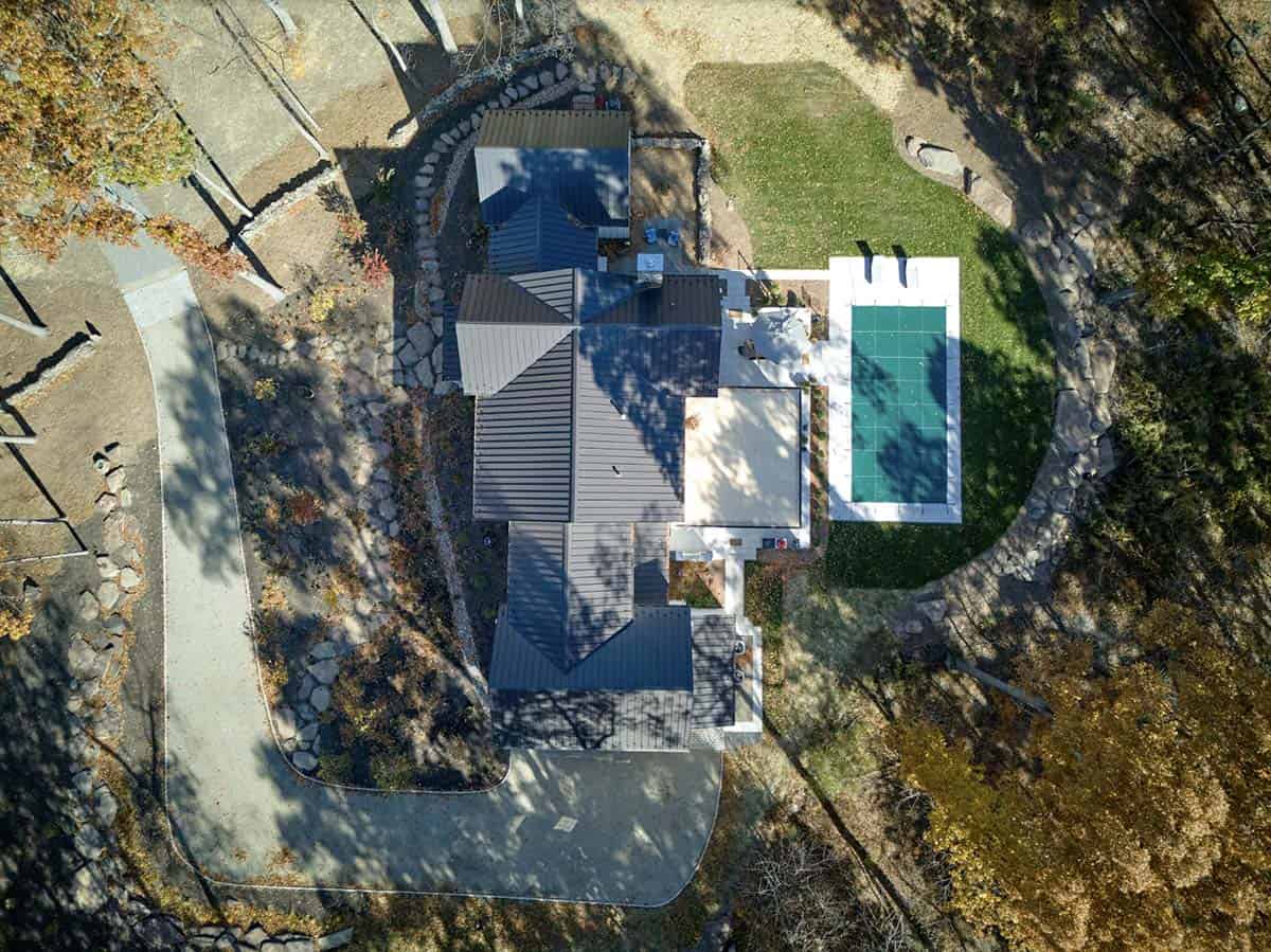 farmhouse style home exterior aerial view