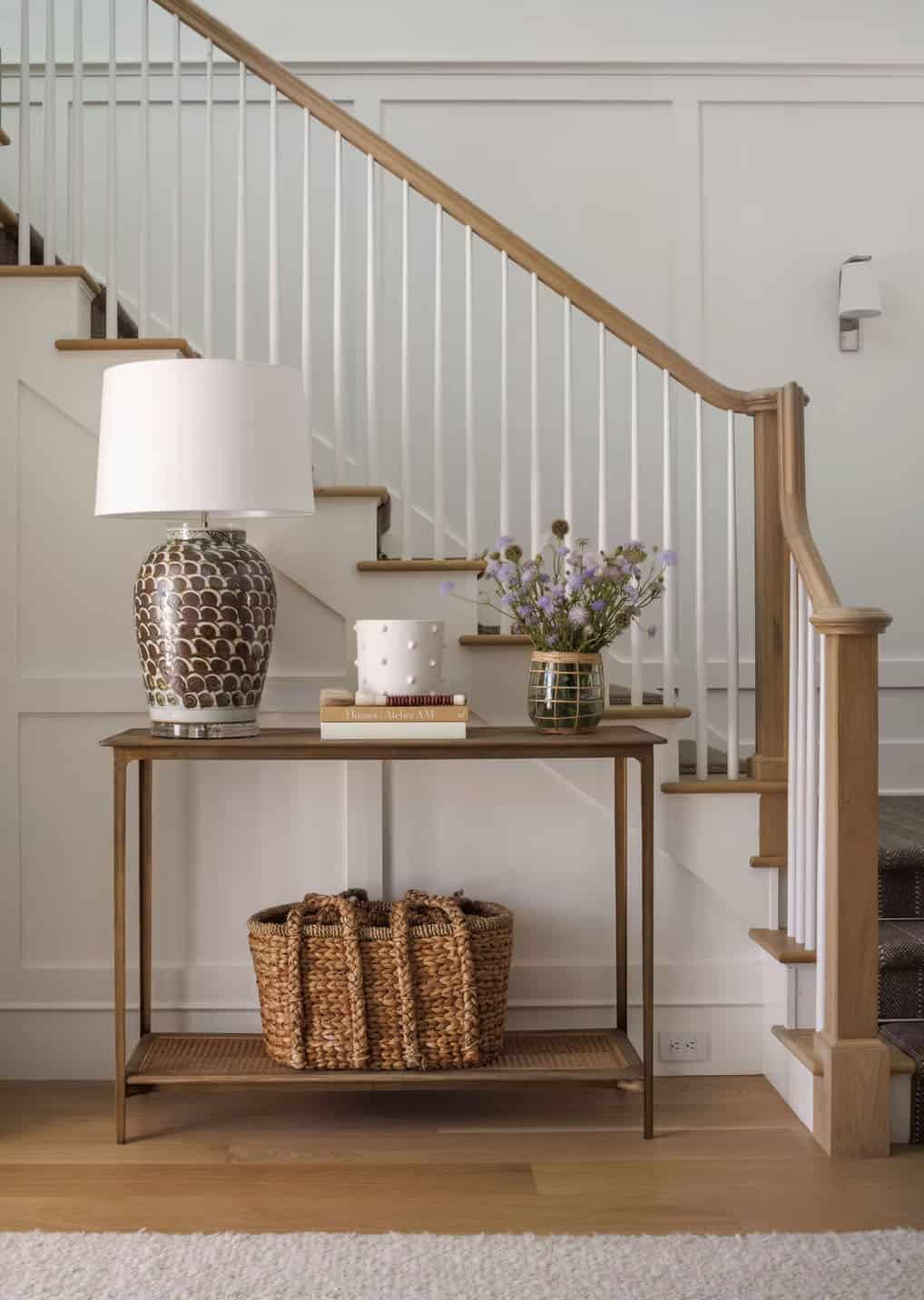 coastal style entry with a staircase