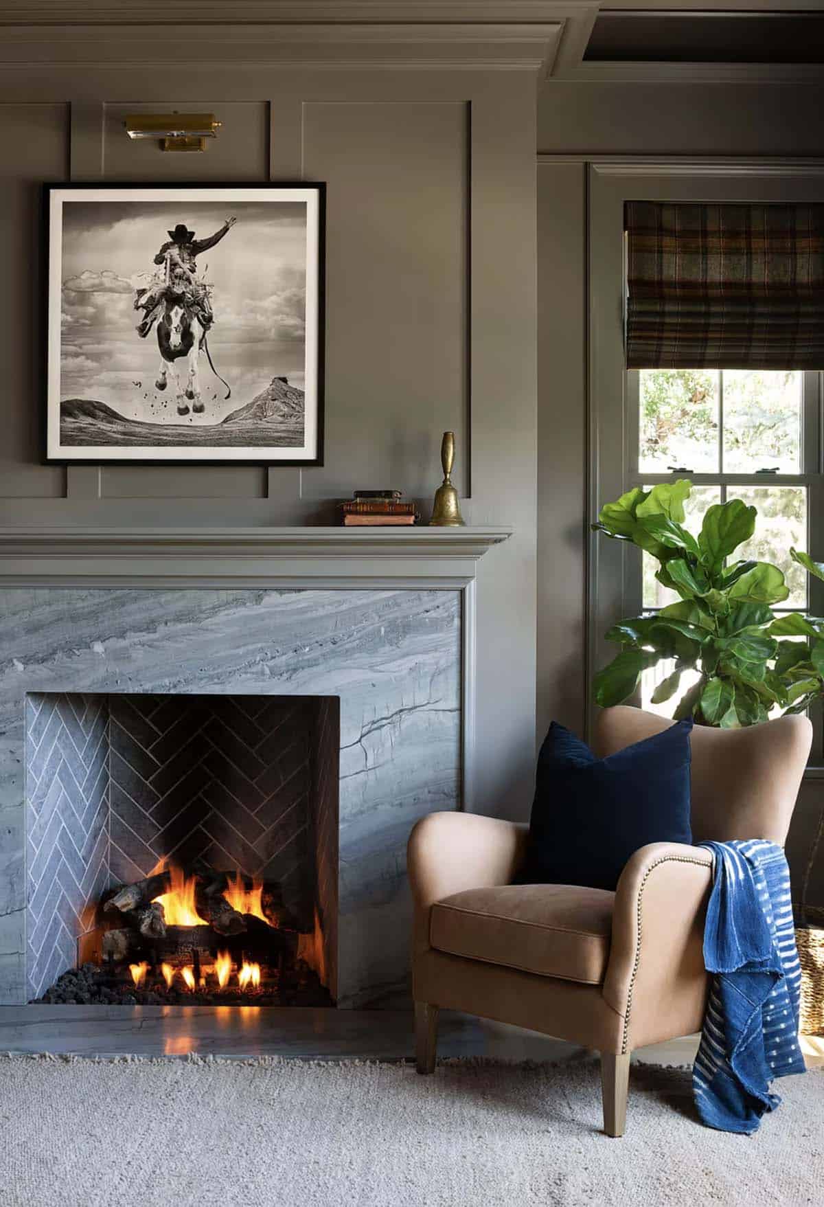 coastal style home office with a fireplace