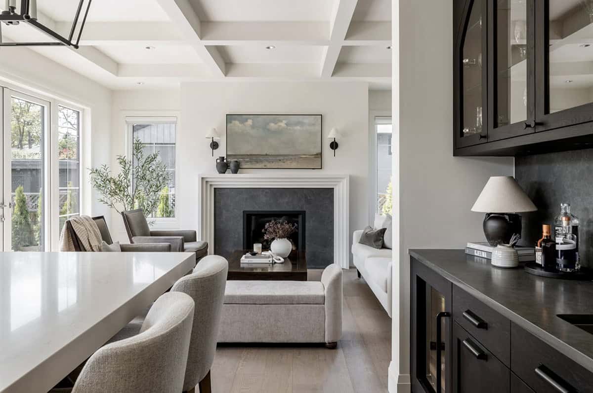 transitional style kitchen looking towards the living room