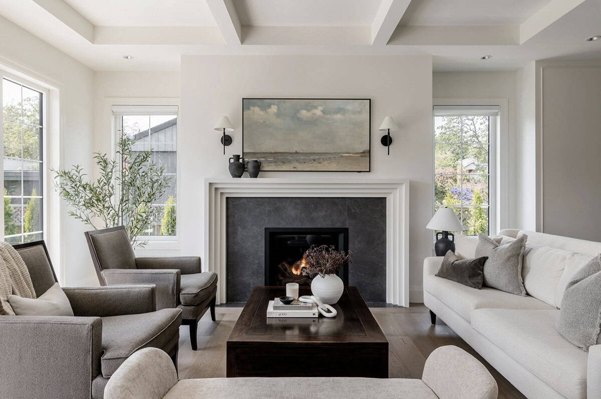 transitional style living room with a fireplace