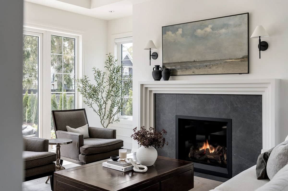 transitional style living room with a fireplace