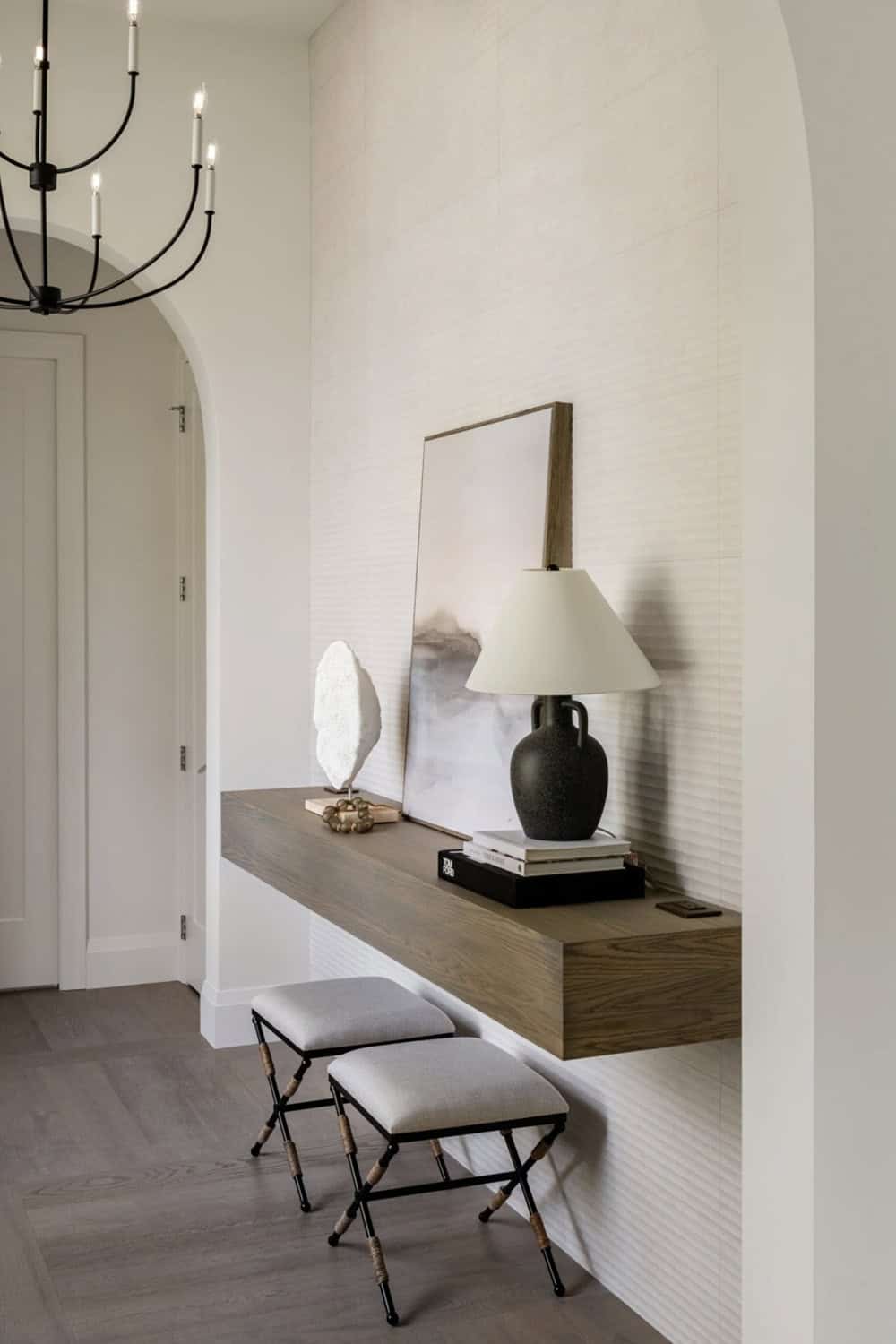 coastal house entry with a floating console