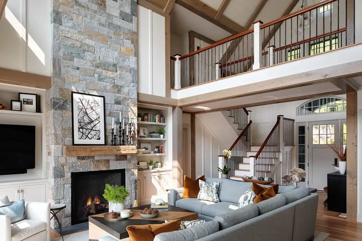 contemporary living room with a fireplace