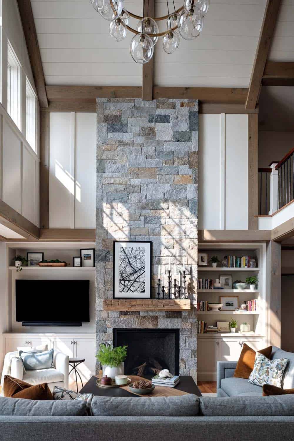 contemporary living room with a fireplace