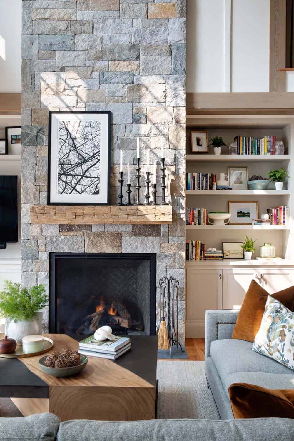 contemporary living room with a fireplace