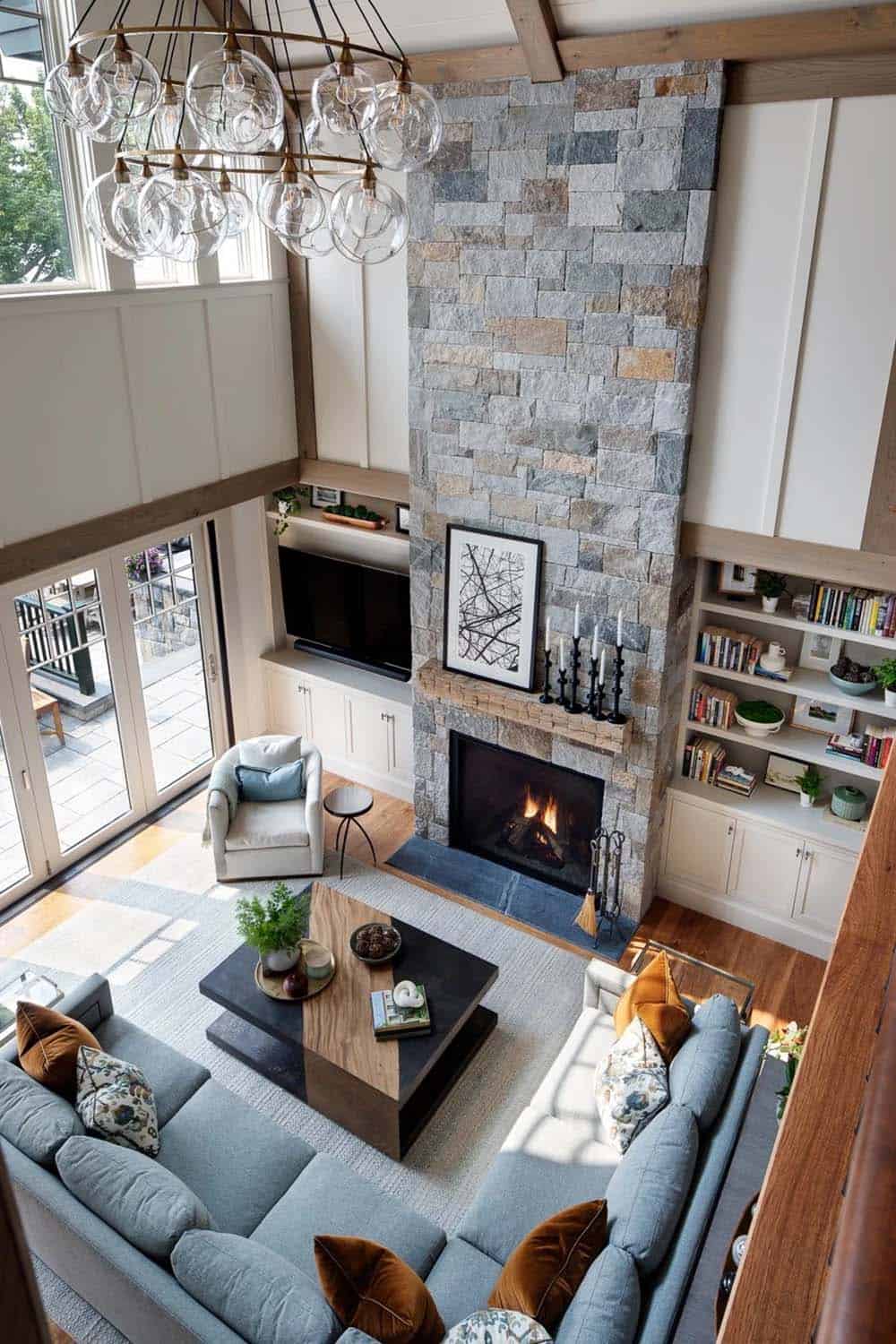 contemporary living room with a fireplace