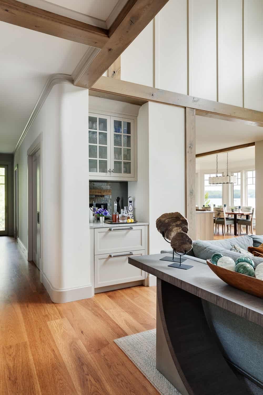 contemporary living room with a wet bar