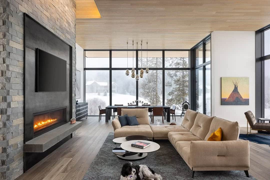 contemporary living room with a fireplace