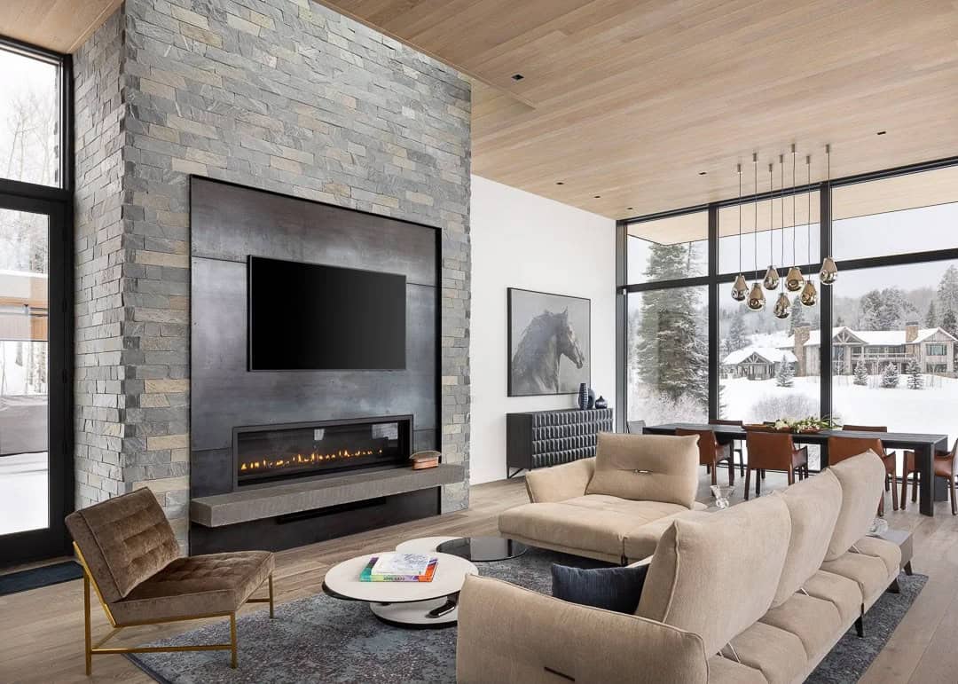 contemporary living room with a fireplace