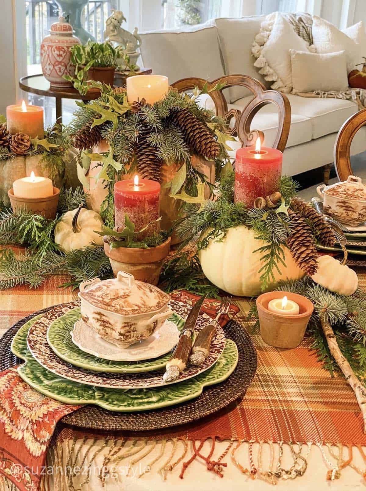thanksgiving tavle decor with a plaid table runner