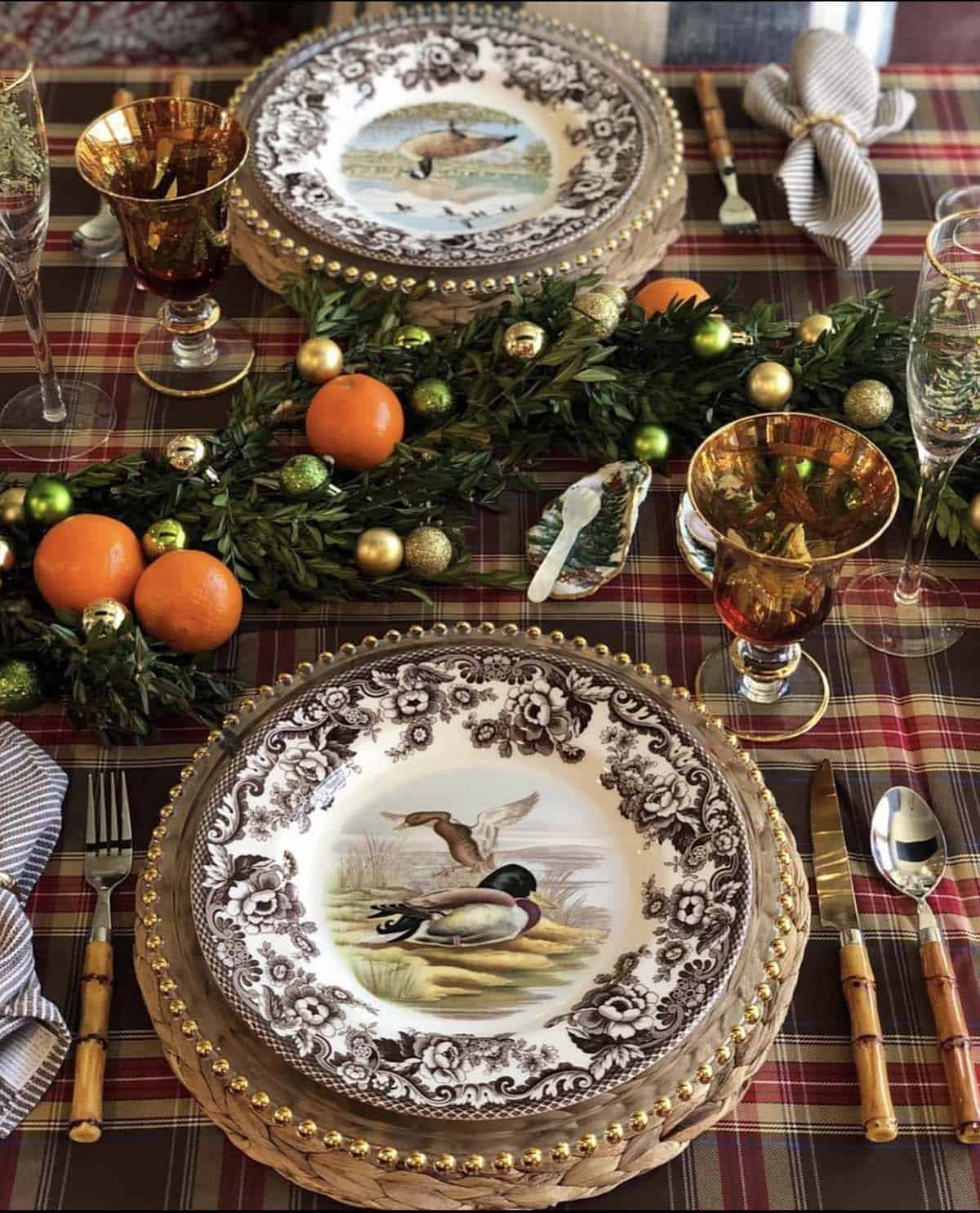 thanksigivng table setting with a plaid table cloth