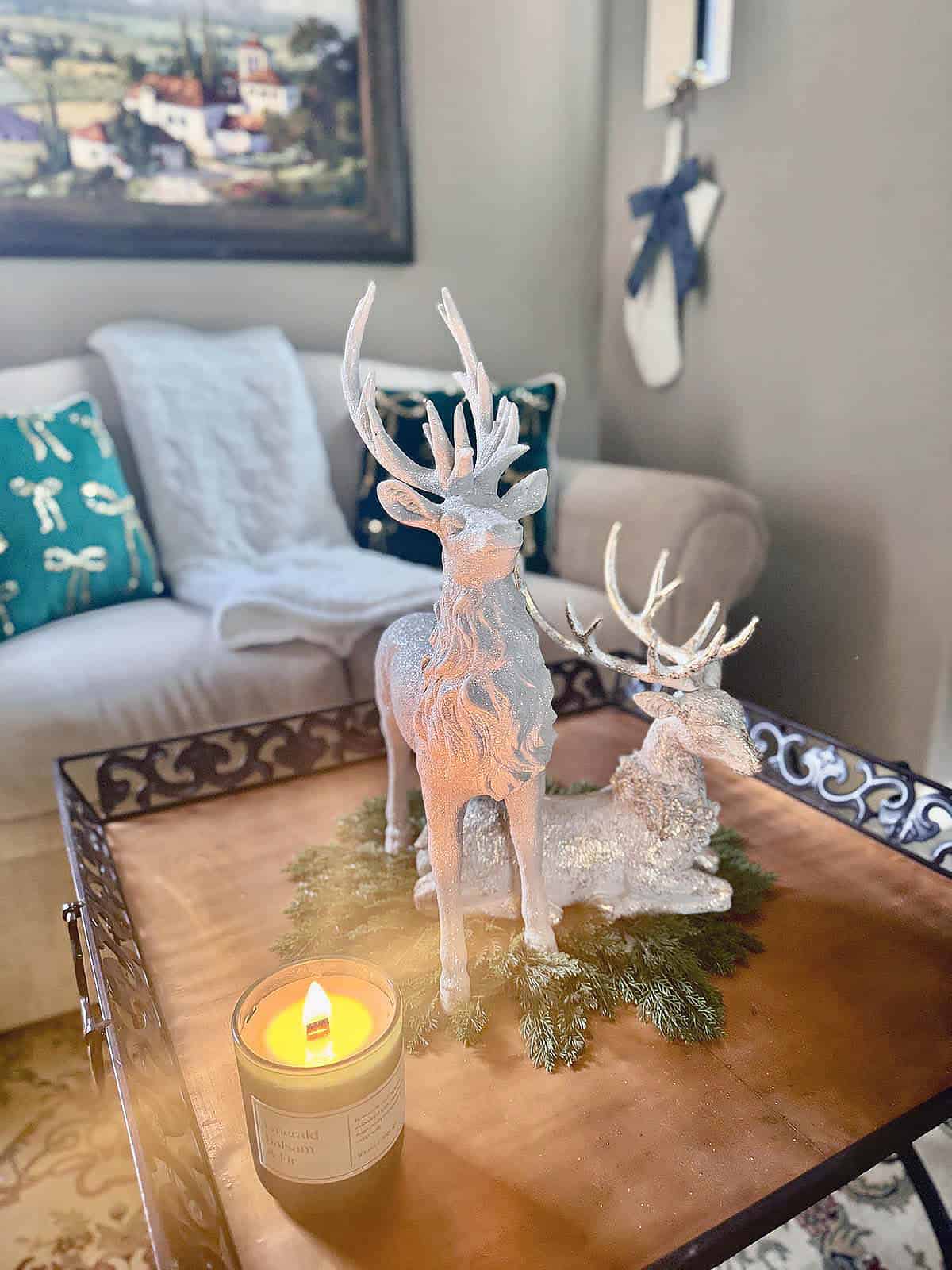 christmas decorated coffee table vignette