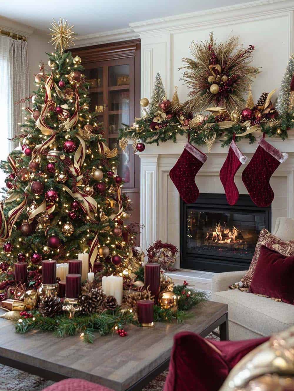 elegant Burgundy and Gold Christmas tree next to a fireplace with stockings
