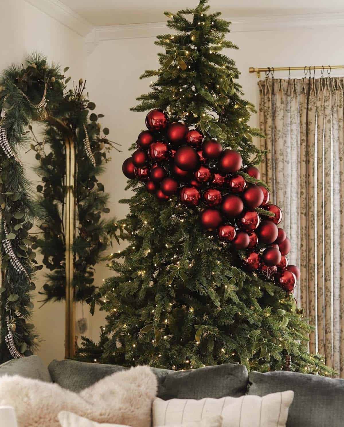 elegant Alpine Fir Christmas tree with burgundy ornaments