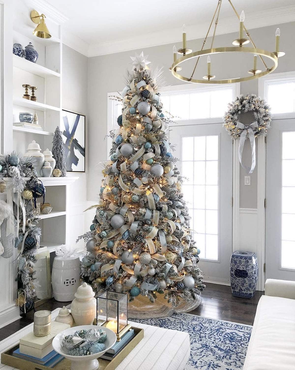 elegant christmas tree with sophisticated soft blues and metallics