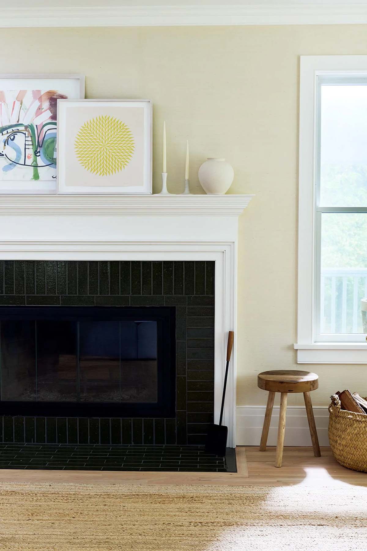 farmhouse style living room fireplace detail