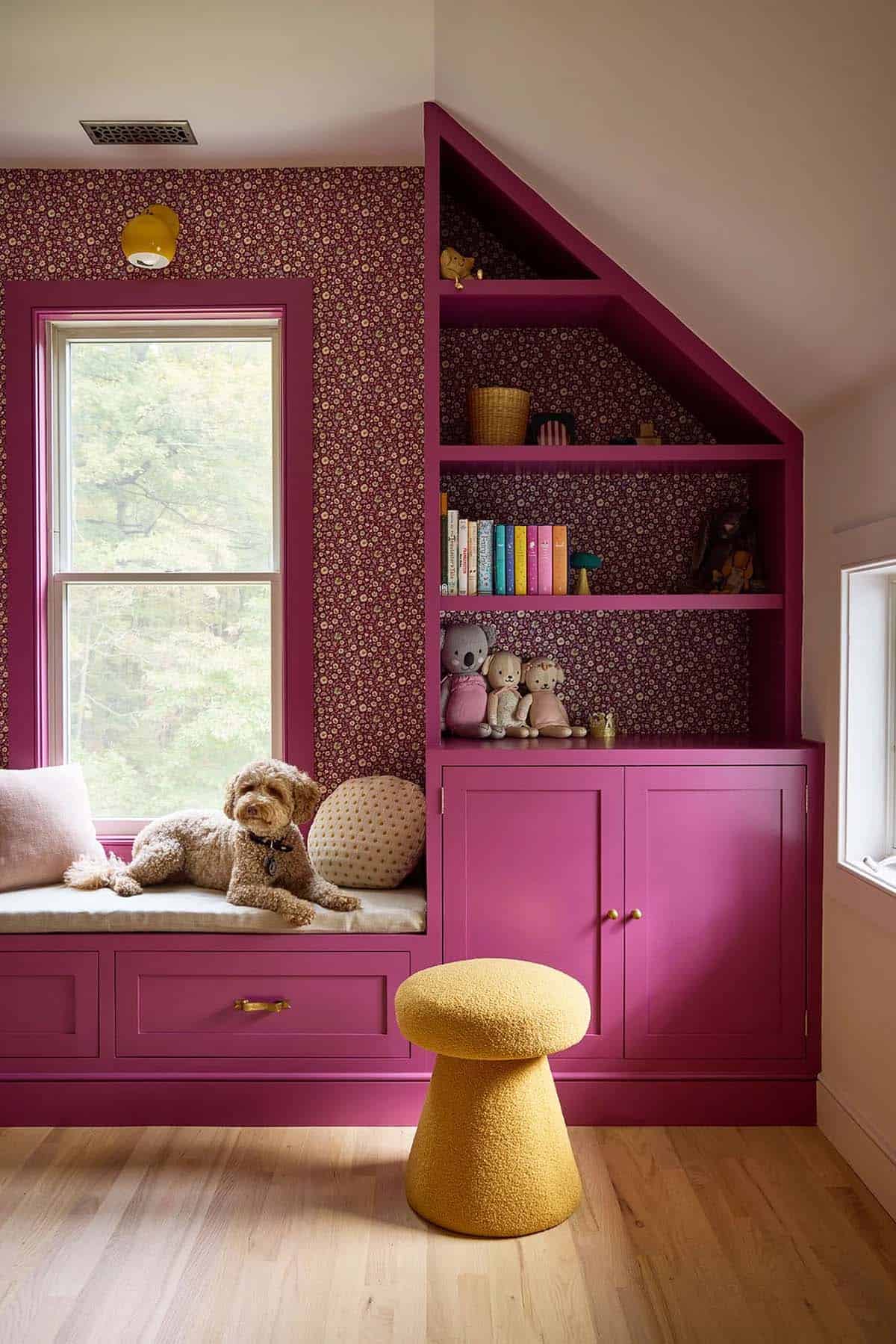 farmhouse style kids bedroom with built-in window seating
