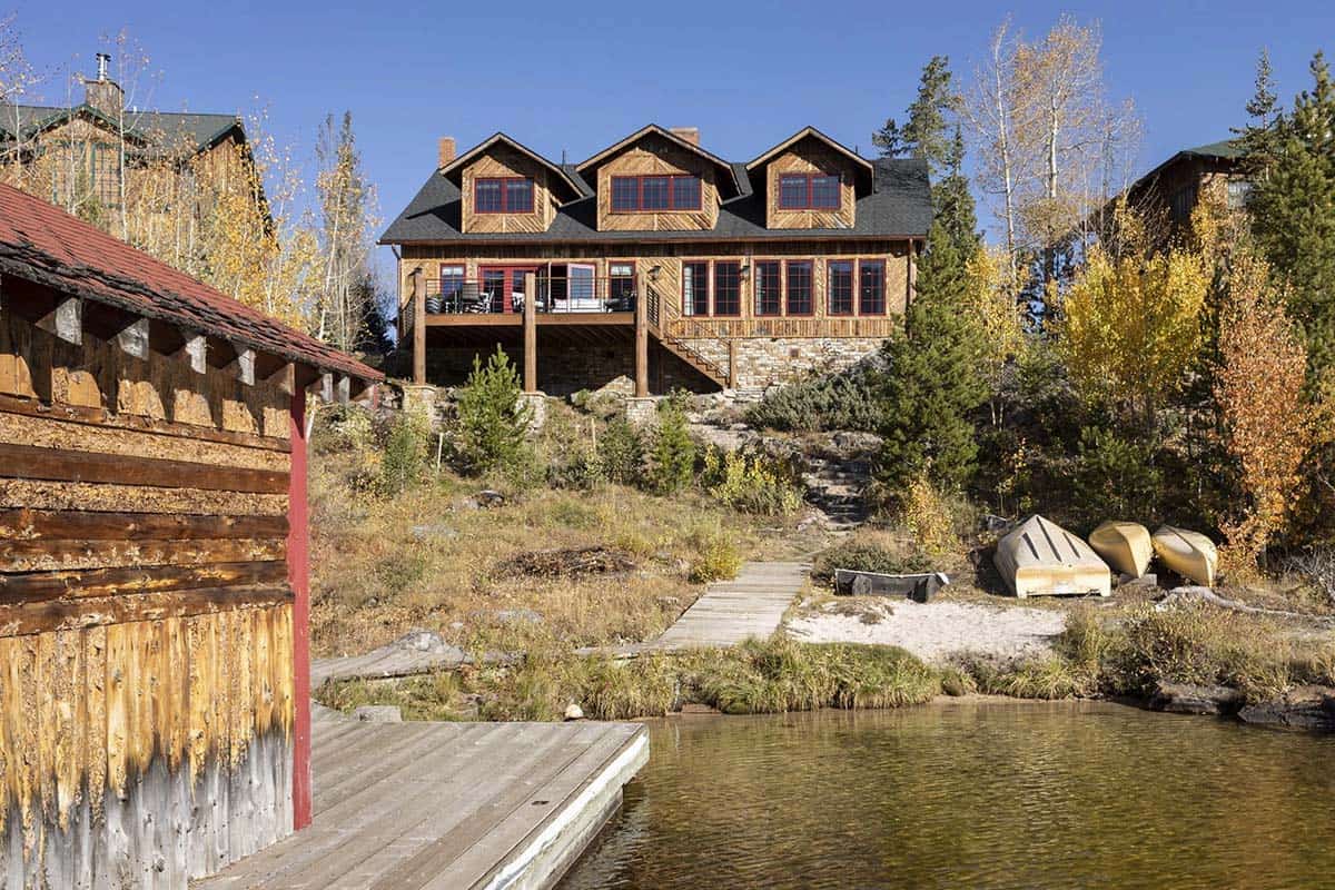 rustic lake house exterior with a view of the water