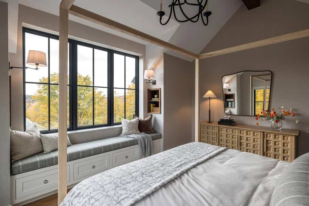 farmhouse style bedroom with a built-in window seat